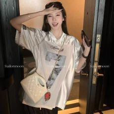 批发运动风甜酷数字印花短袖<b class='q'>T</b><b class='q'>恤</b>女夏季撞色拼接宽松<b class='q'>中长款</b>上衣