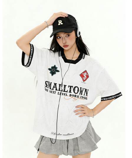 원본 저지 원단 원본 솜씨 아메리칸 레트로 알파벳 전체 인쇄 POLO 칼라 반팔 티셔츠 남녀 커플 여름