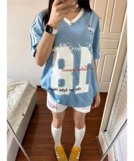 원본 원단 원본 솜씨 리브 네클라인 이후 테두리 프린트 자수 V넥 반팔 여성