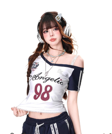 1 1 인 면 260 그램 반팔 티셔츠 여성 여름 몸매 가꾸기 슬림해 보이는 비스듬한 어깨 레이스 쇼트 스타일 작은 맨위