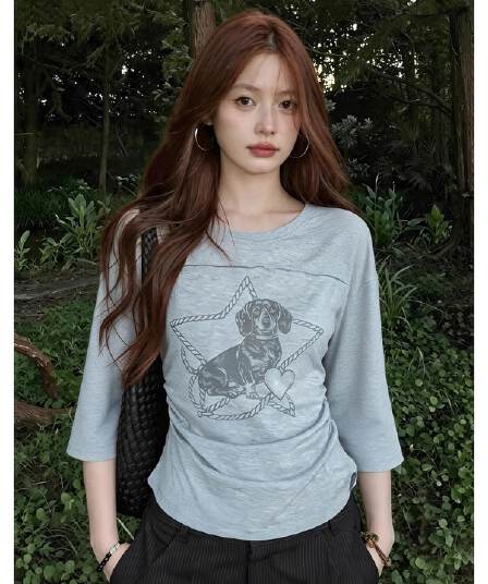 광저우 원단 대나무 마디 면 디지털 직분사 양면 펌프 Pleat 닥스 훈트 여름 얇은 스타일 마이크로 ~을 통해 7부 소매 트렌디