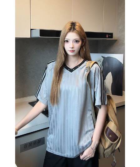 원본 솜씨 원본 원단 아메리칸 운동 섹션 V넥 반팔 스트라이프 작은 대중 해체 티셔츠 남녀 커플 여름