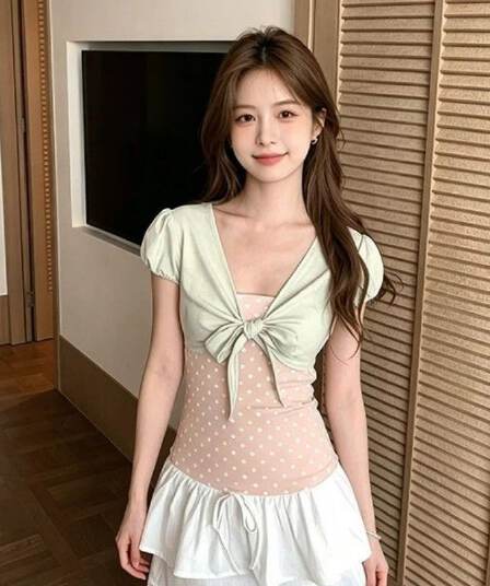 210g 사람들 면 와 사고 방식 도트 무늬 천 프린트 배색 페이크 레이어드 반팔 티셔츠 여성 여름 나비 매듭 스트랩