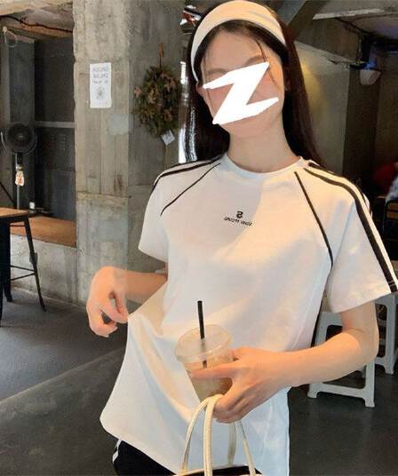 220g 순면 리브 네클라인 이후 테두리 3개 바 자수 알파벳 logo 반팔 티셔츠 여성