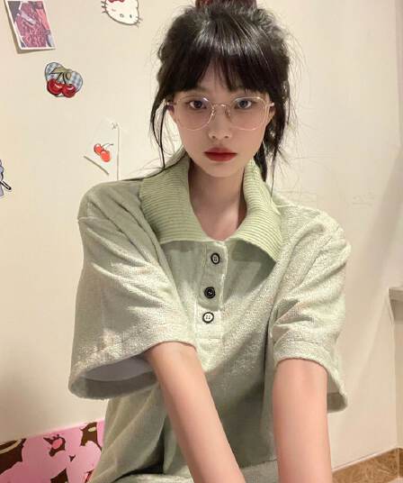 녹색 작은 대중 디자인 센스 POLO 칼라 반팔 티셔츠 여성 oversize 여름 섹션 아메리칸 레트로 루즈핏 맨위