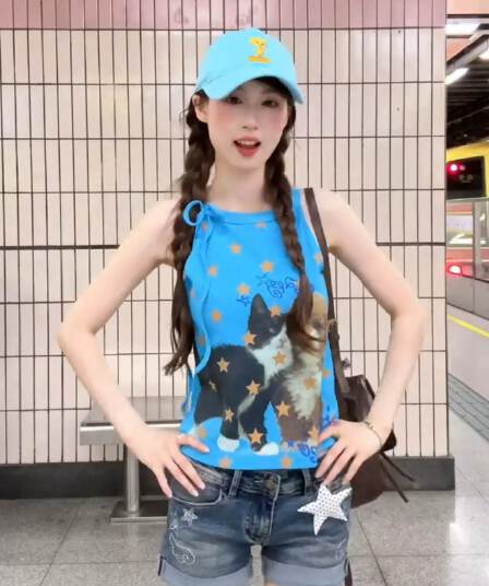 모달 면 파란색 별 새끼 고양이 프린트 캐미솔 여름 외출용 몸매 가꾸기 맨위