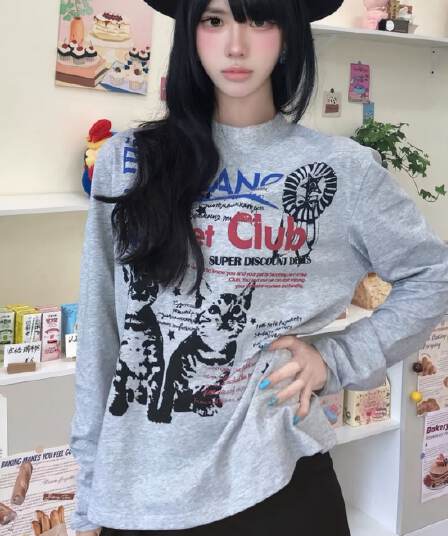 210 그램 21 이후 패키지 칼라 프린트 가을 의상 긴팔 티셔츠 여성 루즈핏 순면 라운드 넥 맨위