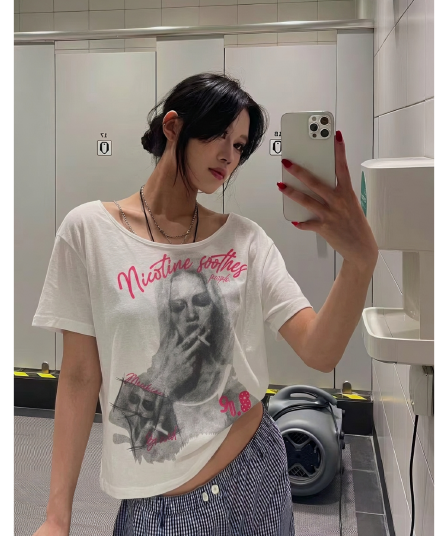 광저우 원단 대나무 마디 면 벨트 지퍼 아메리칸 레트로 알파벳 초상화 프린트 반팔 여름 맨위