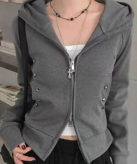 리브 면 아메리칸 레트로 징 몸매 가꾸기 지퍼 짧은 여성 코트 디자인 센스 검정색 오픈 가디건 후드티 트렌디