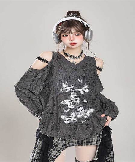 국가 트렌디 아메리칸 달콤한 차가운 핫걸 비스듬한 어깨 블라우스 여성 느긋한 오프숄더 티셔츠 찢어진 부분 태양 보호 셔츠 루즈핏 긴팔 맨위