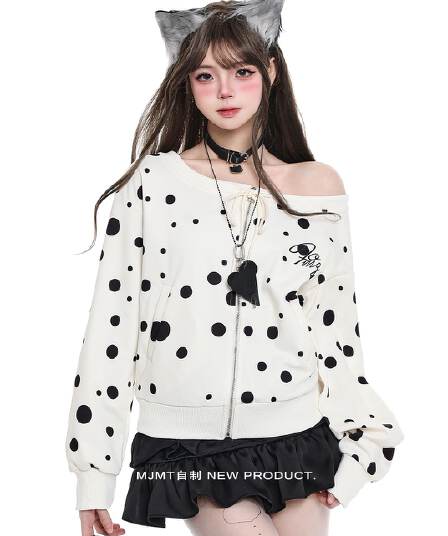 아메리칸 달콤한 차가운 느긋한 chic 도트 무늬 오프숄더 후드티 여성 이른 가을 착용 가져 가라. 순수한 욕망 바람 스트랩 캐주얼 지퍼 맨위