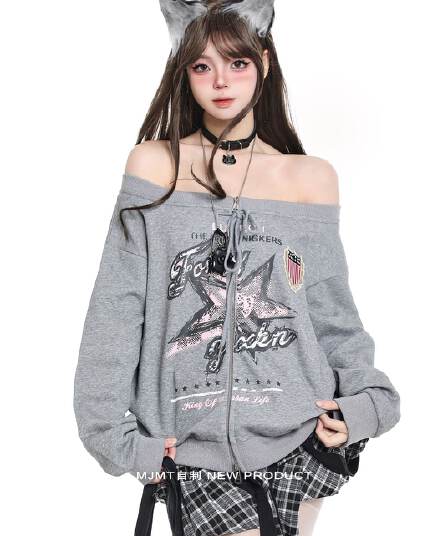 아메리칸 레트로 학원 스타일 별 프린트 오프숄더 후드티 소녀 가을 느긋한 루즈핏 슬림해 보이는 카디건 코트