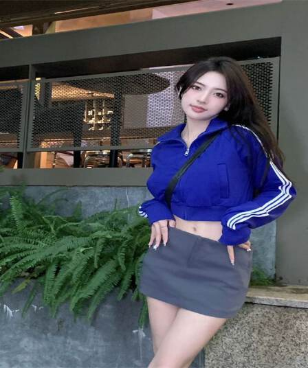 아메리칸 핫걸 3개 바 스탠드 칼라 쇼트 스타일 여성 코트 가을 새로운 캐주얼 운동 파란색 긴팔 재킷 맨위