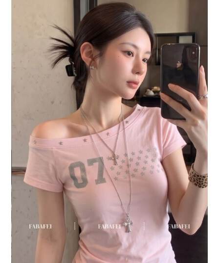 40 좋은 면 아메리칸 별 프린트 핑크색 비스듬한 어깨 반팔 티셔츠 여성 여름 달콤한 매운맛 오프숄더 맨위