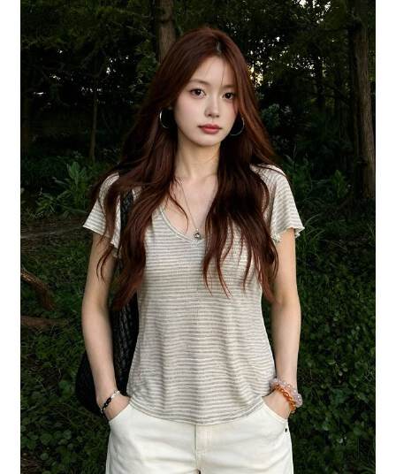 원본 주간 실크 리브 여름 품격 한 부서 V넥 회색 2 가지 색상 스트라이프 몸매 가꾸기 슬림해 보이는 티셔츠 맨위 여성