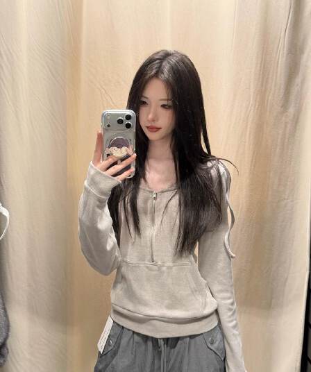 원본 원단 이른 가을 재킷 여성 셔츠 밝은 회색 색상 레이스 조각 후드 긴팔 지퍼 후드티
