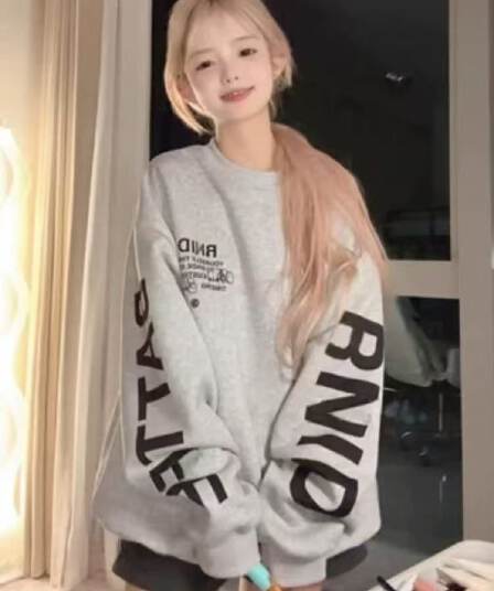 음식 털 후아 면 복합 우유 실크 은 여우 플러시 라운드 넥 프린트 후드티 여성