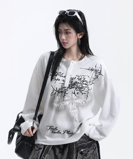 아메리칸 십자가 슬로건 헨리 칼라 긴팔 티셔츠 남녀 봉화 남편 그리드 후드티 vintage 빛 아시아 인 맨위