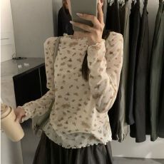韩国东大门秋季新款韩系温柔木耳边碎花长袖T恤女叠穿打底衫上衣