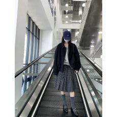 批发Chendafei 韩系小众设计皱感泡泡格纹压褶A摆中长裙女春夏半身裙