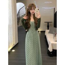 批发法式气质绿色波点<b class='q'>连衣裙</b>女早春季2026新款高级感收腰长裙两件套装