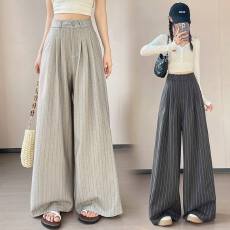 批发复古条纹阔腿裤女春新款垂感高级感褶皱设计宽松百搭老钱风西装裤