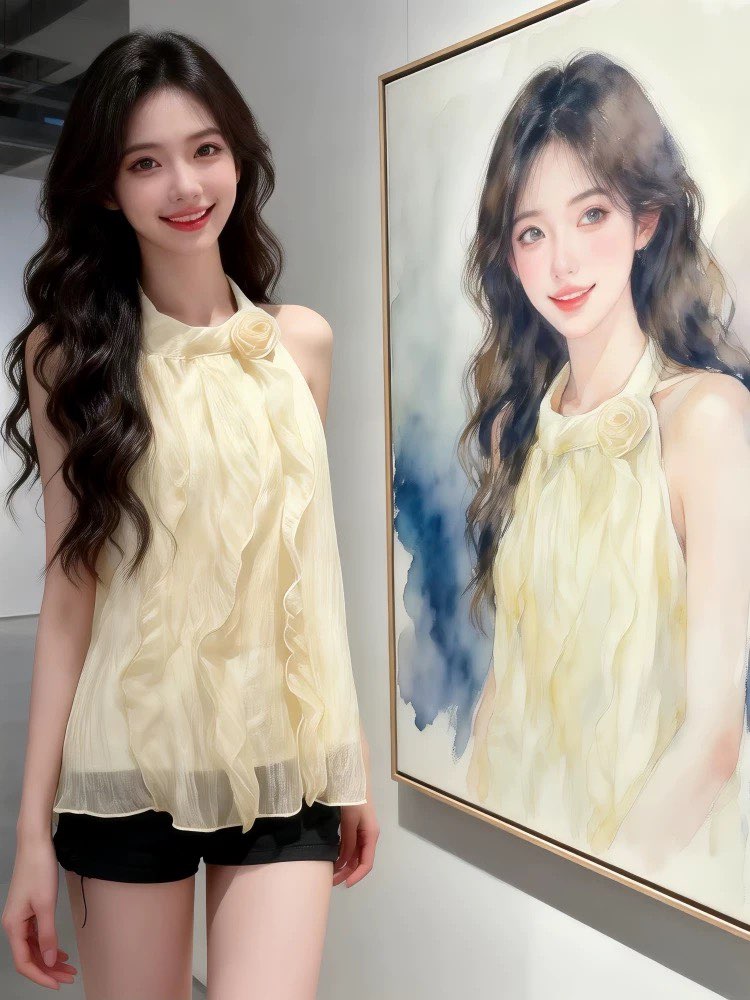 도파민 부드러운 바람 황색 행침 목 캐미솔 여자 여름 프릴 리본 쉬폰 블라우스 민소매 맨위