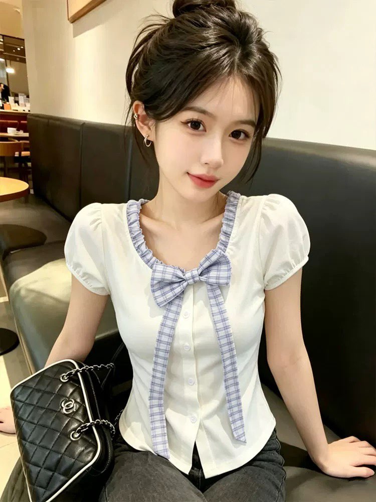 여름 달콤함 연령 감소 캐주얼 다용도 슬림해 보이는 맨위 여성 한 부서 품격 부드러운 체크무늬 나비 매듭 반팔 티셔츠