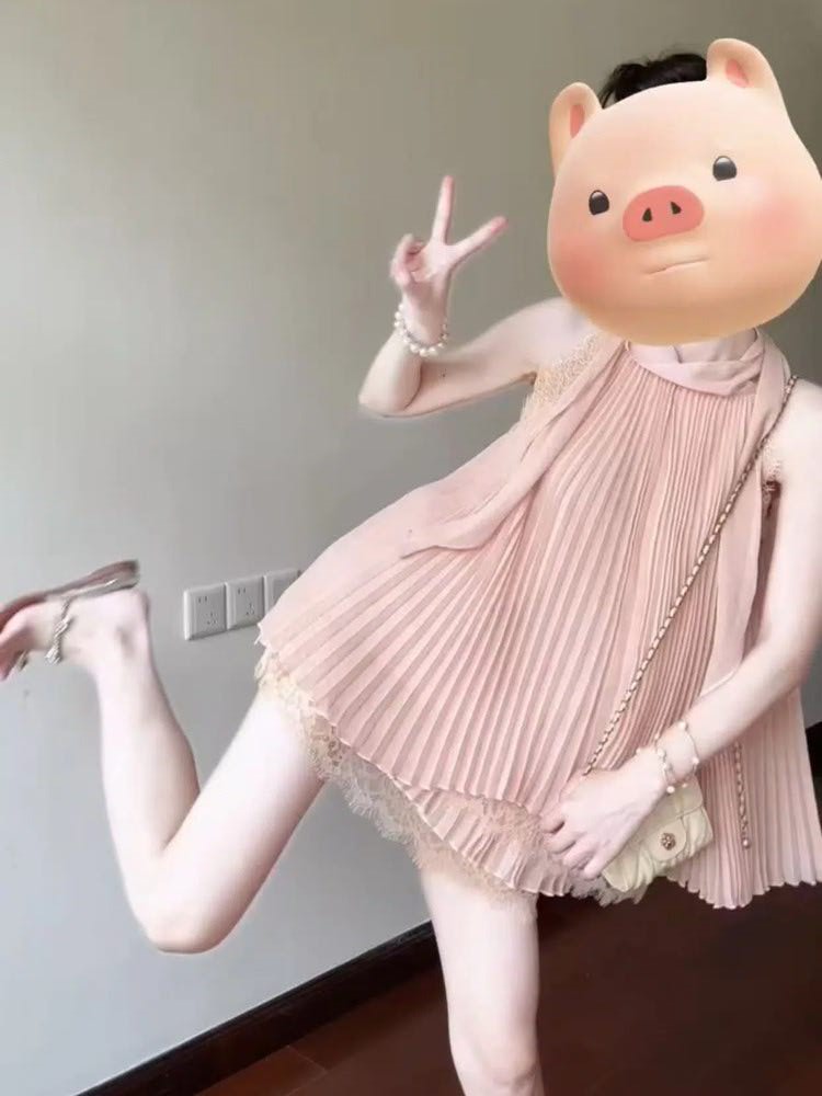 여름 아름다운 자이언트 잘 생긴 세트 레이스 플리츠 행침 목 민소매 맨위 여성 여름 쉬폰 반바지 투피스 세트