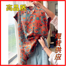 批发新国风新中式橘红色印花斜襟<b class='q'>短袖</b><b class='q'>衬衫</b>女中长款夏季唐装桑蚕丝小衫