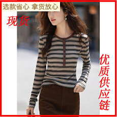 批发德玛<b class='q'>纳</b>长袖条纹T恤女25早秋新款韩系穿搭圆领莱赛尔复古慵懒上衣