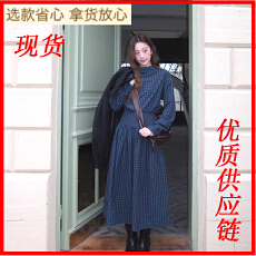 批发soolrok 松未韵一 小众两<b class='q'>翻领</b>格纹假两件<b class='q'>连衣裙</b>收腰显瘦长裙