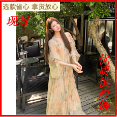 批发钱美西 100<b class='q'>桑蚕丝</b>6米双层用料 黄色碎花宽松真丝新中式<b class='q'>连衣裙</b>夏薄