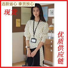 批发贰羊设计予舒复古气质波点圆领长袖上衣女不规则绑带收腰<b class='q'>衬衫</b>