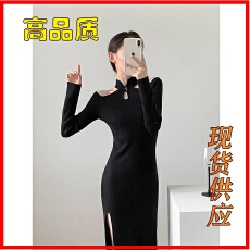 批发韩国气质针织长裙茶里茶气露肩<b class='q'>开叉</b>夜店心机新中式旗袍毛衣<b class='q'>连衣裙</b>