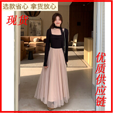 批发Even一雯干枯玫瑰韩系高智法式千金感<b class='q'>撞色</b>拼接收腰长袖<b class='q'>连衣裙</b>