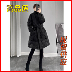 黑色系带羽绒棉服女冬季2025新款设计感收腰显瘦中长款棉衣外套