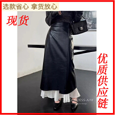 批发韩版设计感咖色PU皮裙女秋冬新款洋气别致<b class='q'>不规则</b>下摆中长款A字裙