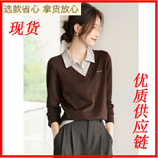 批发复古美拉德25秋冬季<b class='q'>衬衫</b>百搭撞色拼接<b class='q'>假两件</b>T恤式长袖女<b class='q'>衬衫</b>