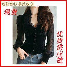 批发黑色丝绒拼接蕾丝上衣女<b class='q'>秋</b>季高端时髦洋气独特超好看法式小资衬衫