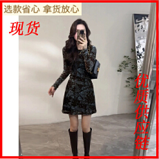 批发大婷婷秋冬<b class='q'>新款</b>圆领<b class='q'>短裙</b>加绒长袖印花时尚法式修身连衣裙