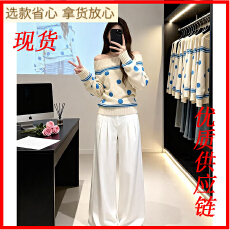 批发The NeverMore赤雪冬谣复古撞色波点毛衣女多穿套头针织上衣+裤子