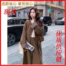 咖色复古美拉德毛呢套装女冬2025新款呢子短外套七分阔腿裤两件套