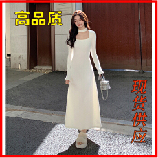 批发MULVAN韩国挂脖针织毛衣连衣裙女秋冬高级设计感内搭打底大摆长裙