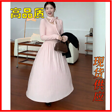 批发法式蝴蝶结系带长袖粉色连衣裙女秋季收腰露背A字裙子温柔风长裙