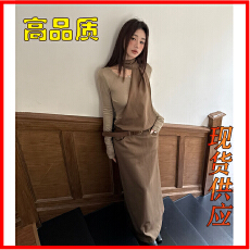 批发美式甜酷设计秋冬废土风内搭假两件长袖挂脖收腰长款连衣裙女小众