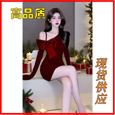 批发2025秋季<b class='q'>新款</b>单边<b class='q'>吊带</b>长袖连衣裙蝴蝶结设计小黑裙收腰显瘦包臀裙