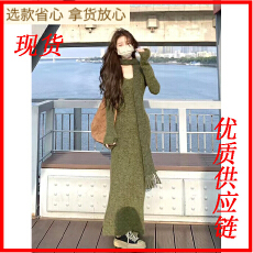批发新森屿苔痕 双色围巾毛衣裙针织<b class='q'>连衣裙</b>