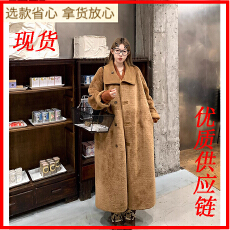 批发LUU桃喜儿/长款两穿皮毛一体大衣外套女秋冬宽松羊羔毛麂皮设计感