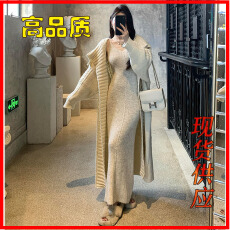 批发2025秋冬韩国东大门慵懒温柔宽松长款<b class='q'>翻领</b>开衫外套<b class='q'>连衣裙</b>两件套女